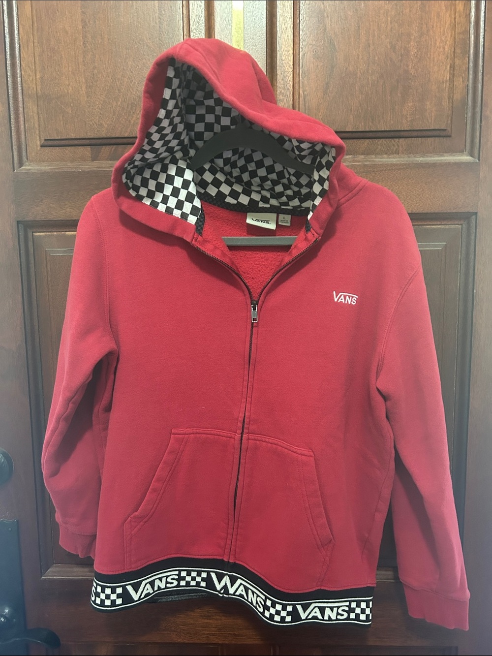 Vans Red Kids Zip Hoodie with Checkerboard Hood Lining and Branded Hem